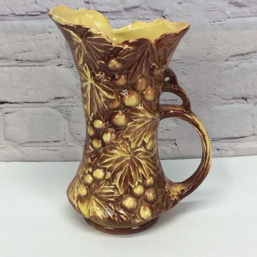McCoy Pottery Vintage Grapevine Pitcher Vase Yellow Brown 9.5